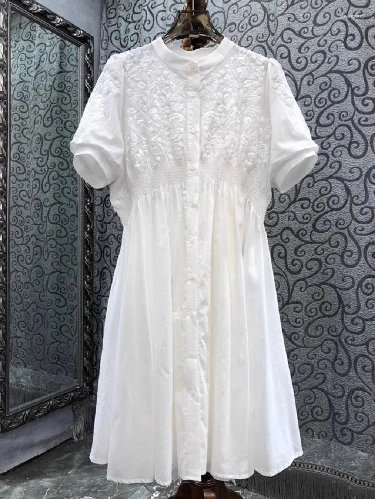 Robes de soirée en coton pour femmes, style d'été, broderie exquise, taille élastique, manches courtes, ligne a, décontractée, blanche, 2024