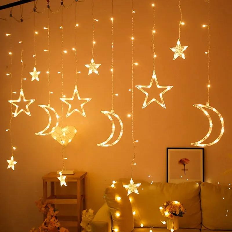 Star Moon LED Curtain Garland String Light Eid Mubarak Ramadan Dekorationer för hem Islam Muslim Event Party Supplies Decor 240322