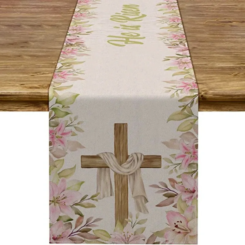 He Is Risen Table Runner Easter Christian Cross Resurrection Lily Spring Holiday Party Kitchen Dinning Home Decoration 240325