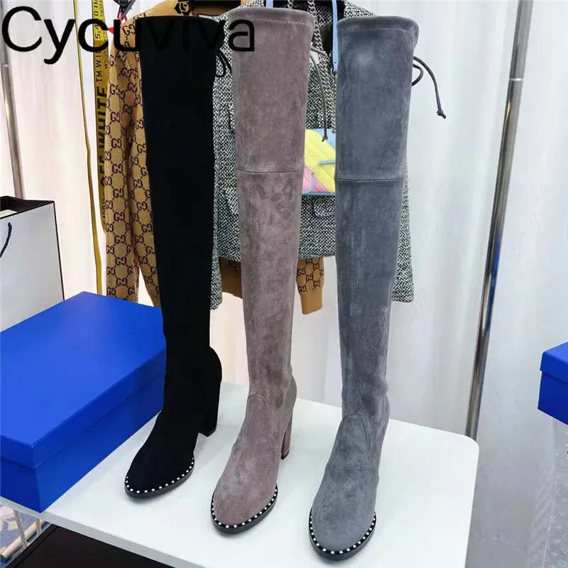 Boots Grey Suede Over the Knee Thigh High Boots for Women Super Chunky High Heel Boots Winter Designer Sexy Runway Party Long Boots