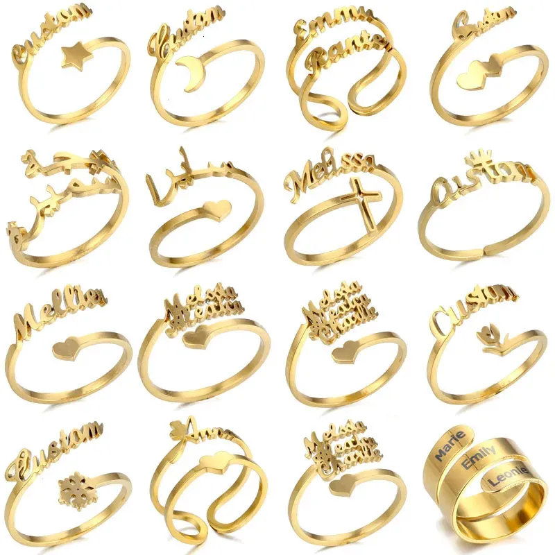 Семейное кольцо для мужчин и женщин, индивидуальное кольцо с двойным именем, персонализированные украшения из нержавеющей стали, регулируемый подарок для пары 240315
