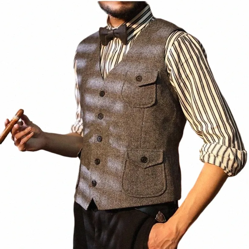 British Casual Men's Vest 3 Pockets Wool Herringbe Tweed Groomsmen Dr Men's Suit Prom Wedding Vest R1CJ#