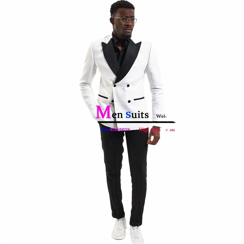 Classique Double boutonnage blanc veste hommes Costume ensemble sur mesure marié mariage smoking Fi mâle Busin Blazer pantalon Costume e4YB #