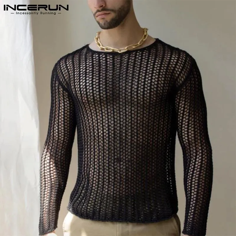 Mens Sexy Mesh T-Shirt: Sheer Long Sleeve Top, See-Through