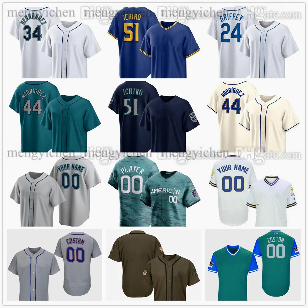 Genähtes 2024 Baseball-Trikot Ichiro 51 Suzuki Kyle 15 Seager Ken 24 Griffey Jr. Edgar 11 Martinez 44 Julio Rodriguez 68 George Kirby 58 Luis Castillo 29 Cal Raleigh