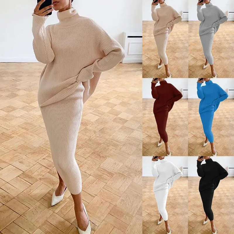 Casual Dresses Work Skirt Suits Women's High Neck Solid Color Slim Fit Version Of Knitted Long Dress Two Piece Set Coquette