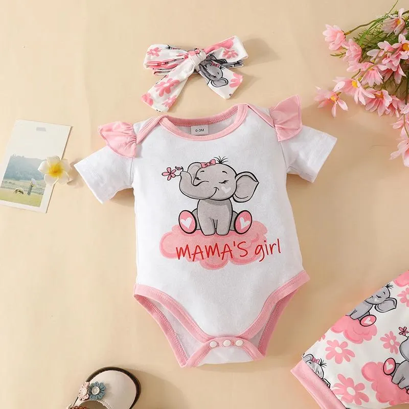 Kläder sätter babyflickor 3st sommardräkt kort ärm elefanttryck romper shorts pannband set född kläder