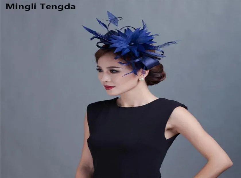 Mingli tengda elegante fascinators casamento chapéus pretos linho pena chapéu de casamento feminino acessórios para o cabelo elegante para festa de casamento br9596940