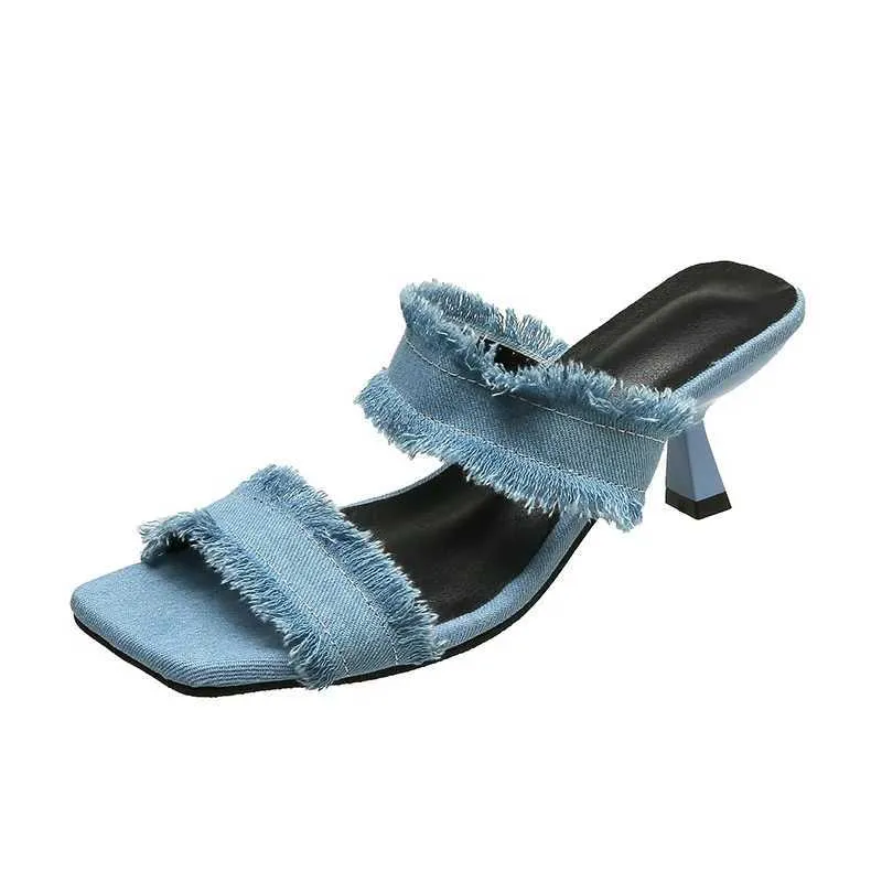 Slippers Slippers Women Denim Womens Mules Slipper Sandals 2023 Retro Slip on Stileo Pumps Summer ig eels Peep Toe Soes Pantuflas De Mujer H240326M7EL