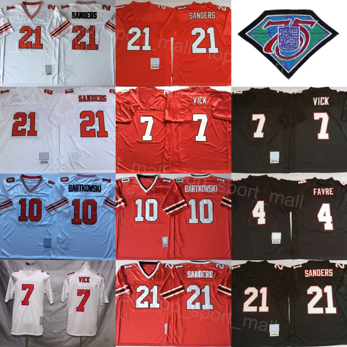 Calcio retrò 21 Maglie Deion Sanders 4 Brett Favre 7 Michael Vick 10 Steve Bartkowski Rosso Nero Bianco cucito Vintage 75 ° anniversario per gli appassionati di sport Squadra maschile