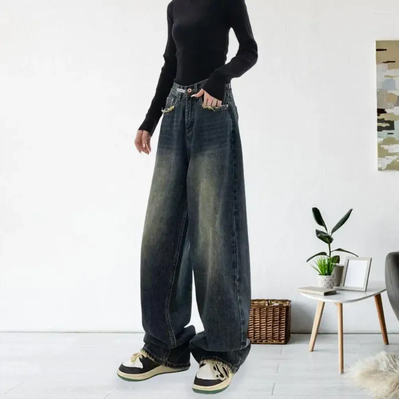 Dames jeans vrouwen wijd poot vloer lengte losse denim broek hoge taille vaste kleur knop ritssluiting sluiting lang voor dagelijkse slijtage