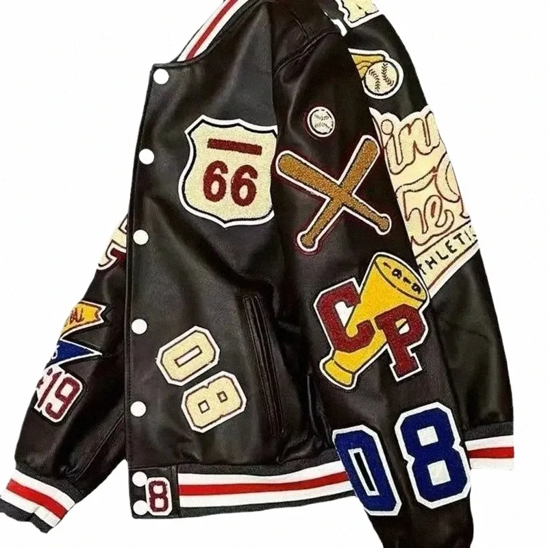 Хип-хоп Кожаная куртка из искусственной кожи Мужская мотоциклетная флокированная вышивка Свободные байкерские бейсбольные куртки Унисекс Y2k High Street Racing Coat c4uD #
