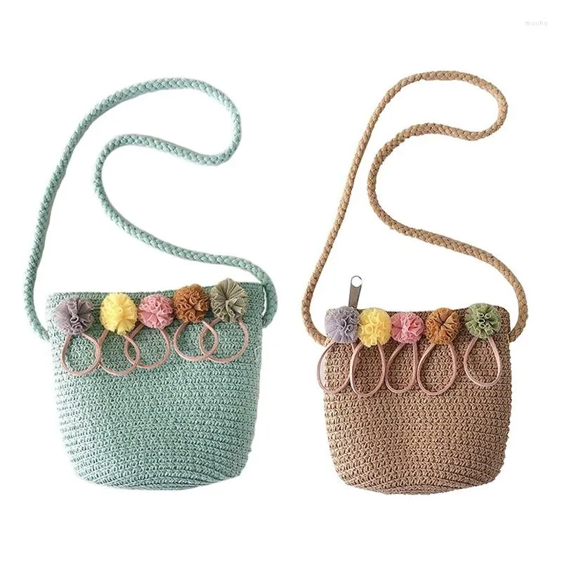 Borsa a tracolla in tessuto di rattan di paglia da 2 pezzi per bambina (verde kaki)2