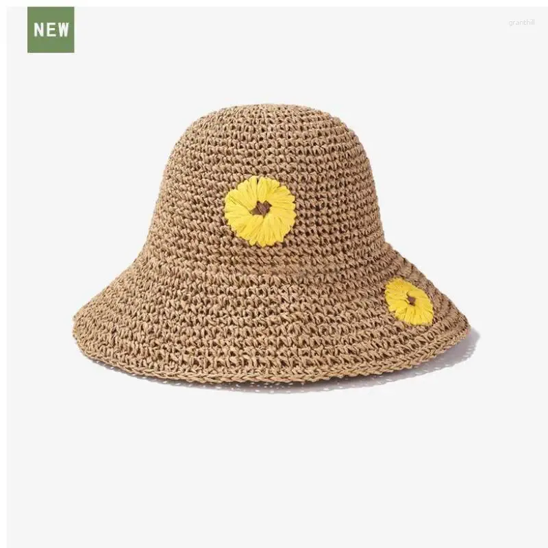 Chapeaux à large bord Chapeau d'été Femmes Pêcheur Cap Paille Tournesol Seau à la main Vacances Plage Floppy Sunscreen Sunhat Sun Visor