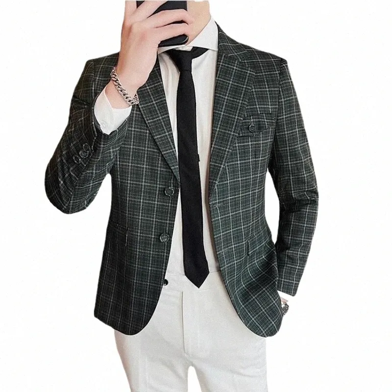 Veste de costume pour hommes Nouveau Fi Style britannique Couleur Plaid Couture Motif Sriped Blazers Slim Casual Mâle Vêtements Costume Veste r2c0 #