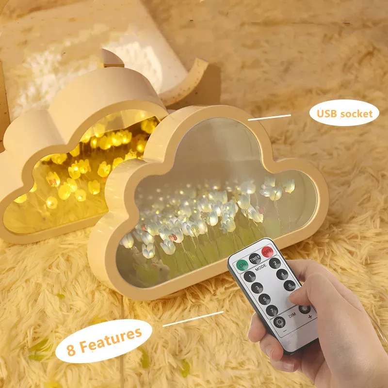 Mirrors New DIY Remote Control Tulip Cloud LED Night Light Girl Bedroom Ornaments Photo Frame Mirror Table Lamps Bedside Handmade Gifts