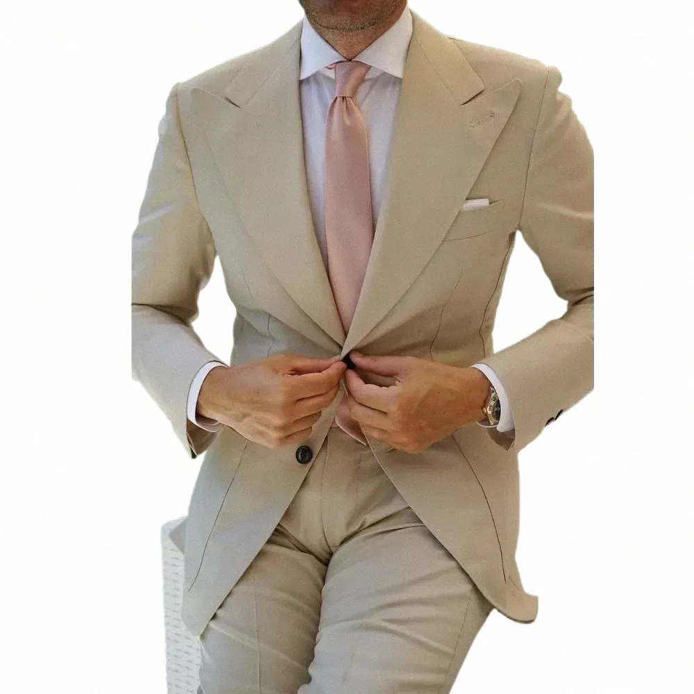 Новый Fi Peak Lapel Однобортный мужской костюм Бежевый комплект из 2 предметов Формальный смарт-повседневный свадебный смокинг жениха Блейзер с брюками F8DP #