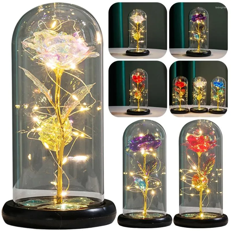 Fleurs décoratives colorées LED Rose en verre avec lumières lampe éternelle artificielle fête des mères cadeau de mariage