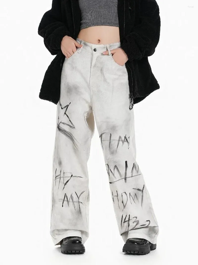 Jeans femininos sujo grunge graffiti branco denim para mulheres meninas y2k angustiado punk goth calças largas calças streetwear