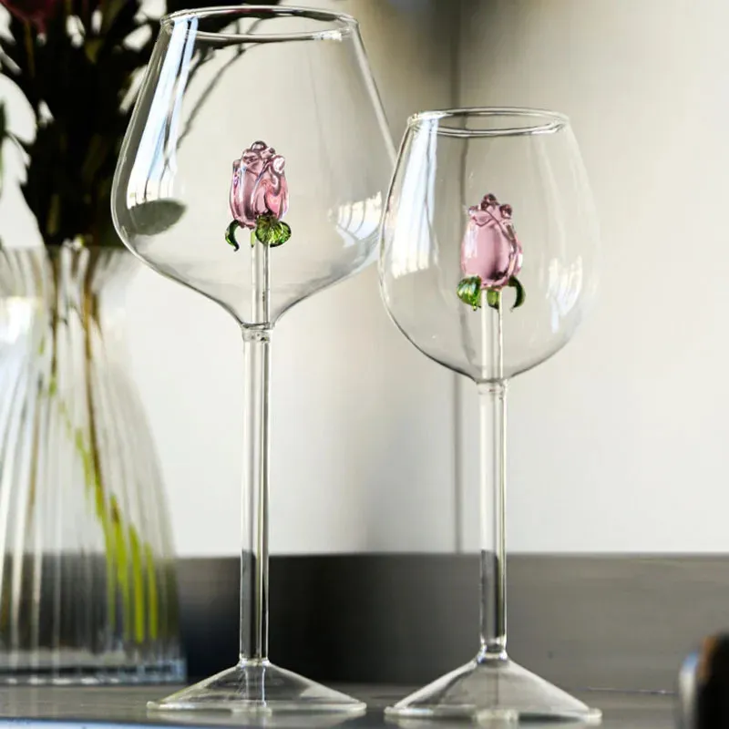 1 Piece Creative 3D Pink Glass Rose Build-in Red White Wine Glasses Cup Stemware Goblets Champagne Flute Household Lovely Gift 240312