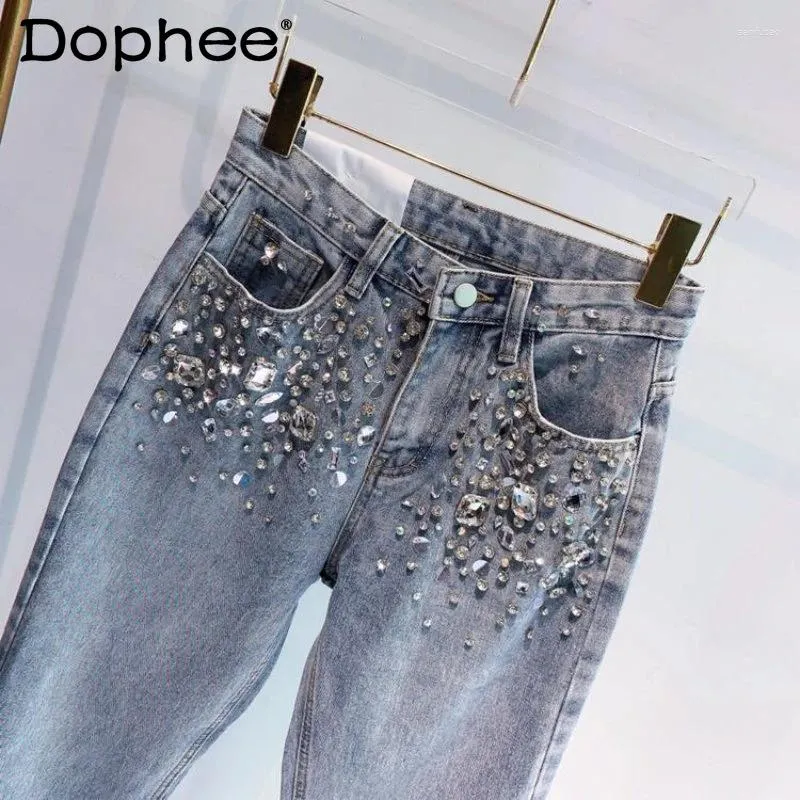Jeans femininos moda europeia indústria pesada cheio diamante strass flash calças jeans azul 2024 primavera verão