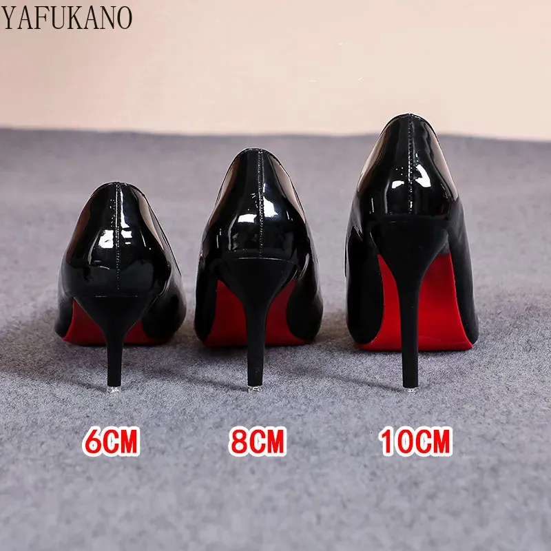 Sexy semelle rouge talon mince talons hauts style classique noir bureau chaussures de travail en cuir verni mat dame pompes grande taille 42 43 240312