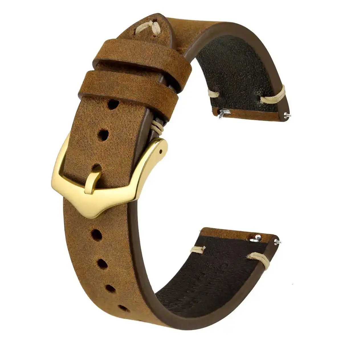 BISONSTRAP Crazy Horse Leather Mens Watch Straps Bracelet 18mm 20mm 22mm Black Brown Green with Gold Buckle and Tools Pins 240314