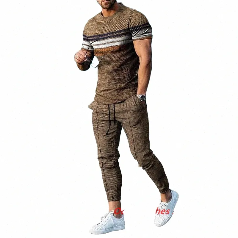 new Arrival Summer Men Sets Trousers 2 Piece Print Fi Lg Sleeve T Shirt/Pants Tracksuit Street Clothes Casual Suit l34w#