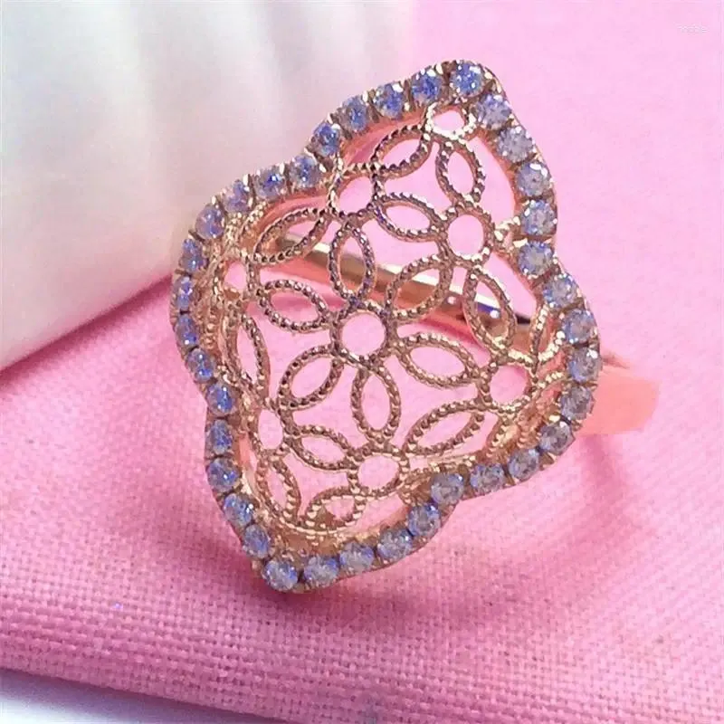 Cluster Rings Pure Russian 585 Purple Gold-Plated 14k Rose Gold Edition Hollowed-Out Zircon Bling Ring Exquisite Luxury Classic Heavy Heavy