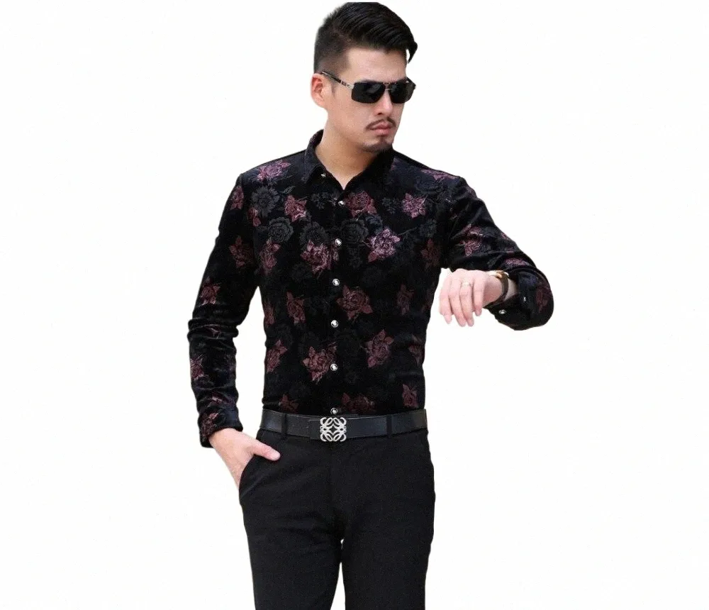 Ny ankomst Mens 2016 Autumn Spring Fi Floral Gold Veet Dr Shirt Male Casual LG Sleeve Floral Veet Shirts O0AD#