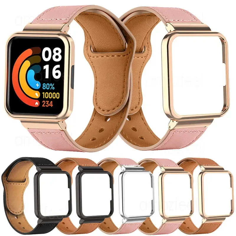 Tillbehör äkta läderrem för Redmi Watch 2 Lite Smart Watch Band Metal Case Protector för Mi Watch Lite Armets Belt Bumper Frame