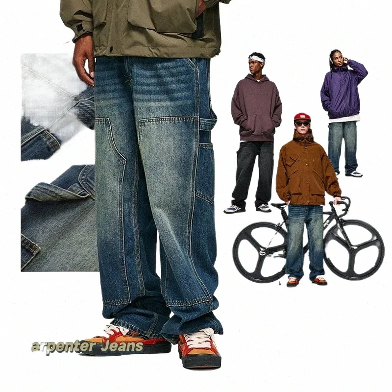 Инфляция Ретро Wed Широкие джинсы Мужская уличная одежда с несколькими карманами Джинсовые брюки-карго Мужские брюки Плюс размер s6Eo #