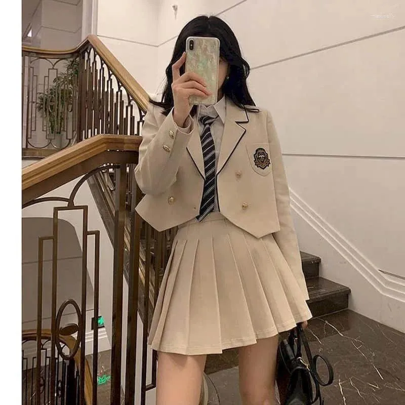 Work Dresses Jk Uniform Style College Korean Suit Pleated Skirt 3 Piece Set Female Long Sleeve Japanese Womans Clothes