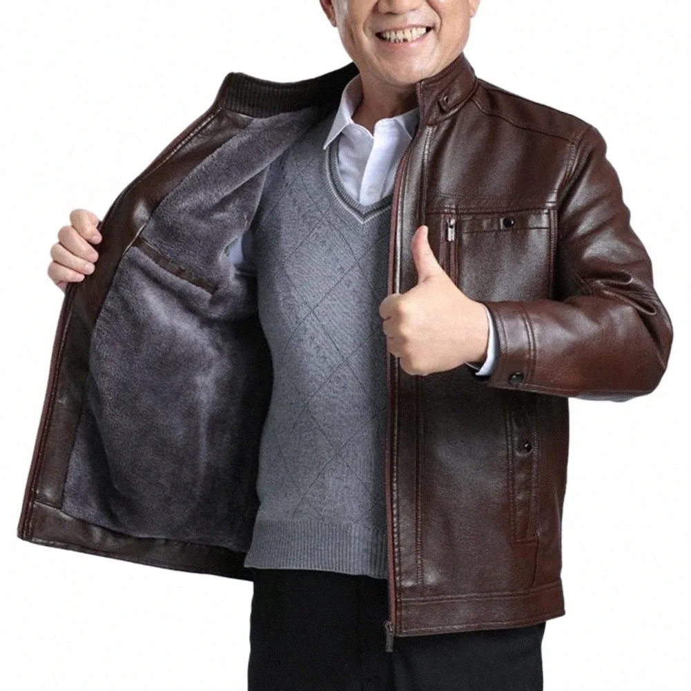 Chaqueta de hombre de otoño Chaqueta de cuero de imitación a prueba de viento de mediana edad con cuello de pie Bolsillos de felpa suave Cierre de cremallera LG-Manga H2eo #