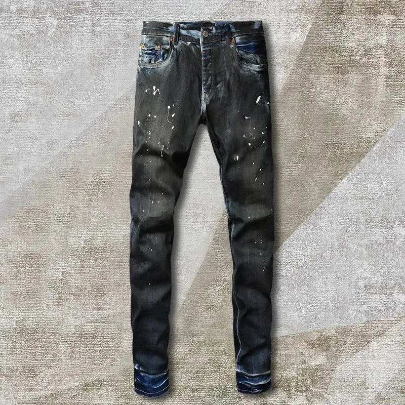 Jeans pour hommes Hommes américains Jean Pantalon de moto Industrie lourde Splash Encre Stretch High Street Streetwear Skinny Pantalon effilé