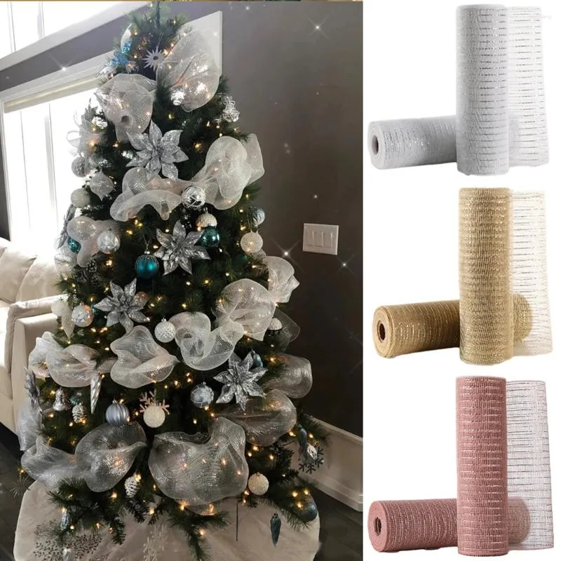 Decorazioni natalizie nastro in maglia bianca oro 26 cm 10 iarde fai -da -te albero glitter rotolo di arredamento per matrimoni.