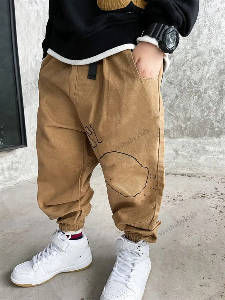 Spring Kids letter monkey printed trouser boys belt sports pants 2024 fashion children elastic ribs ankler casual trousers Z7363