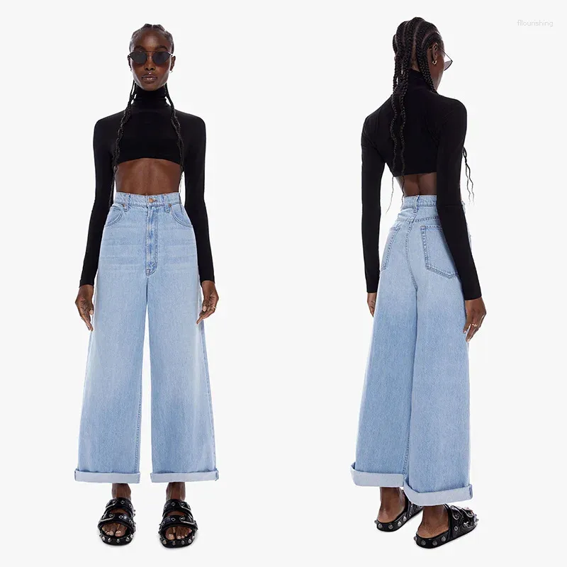 Women's Jeans IOO 2024 Summer Retro Light Blue High-waisted Draped Wide Leg Loose Dragging Denim Pants High Quality