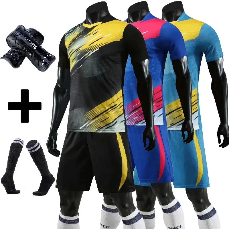 Adulto crianças conjunto de camisa de futebol survetement kit de futebol uniformes personalizados camisas de treinamento de futebol terno curto com meias caneleiras 240313