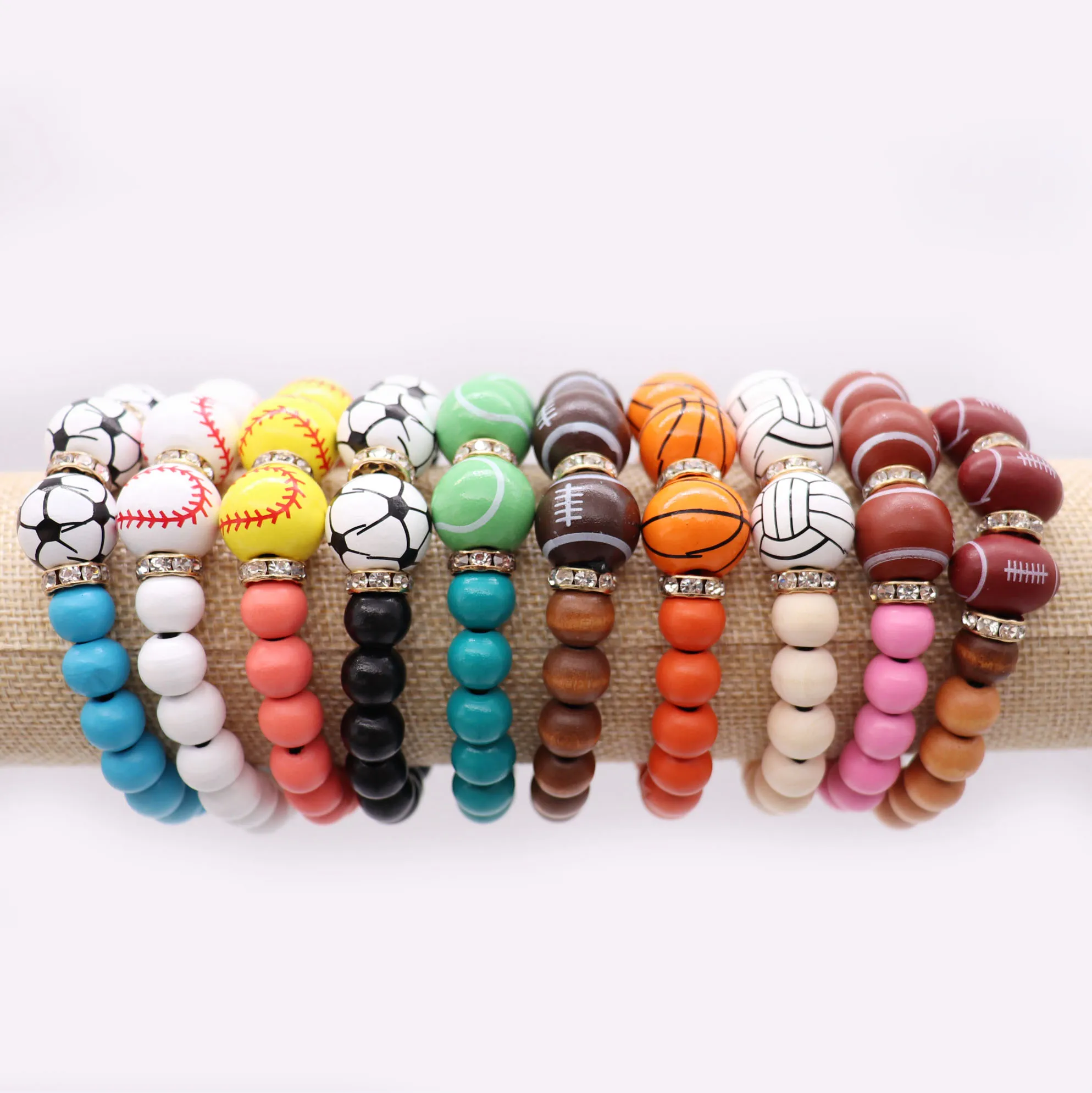 Handmade Wood Beaded Baseball Football basketball Volleyball Elastic Beads Bracelet