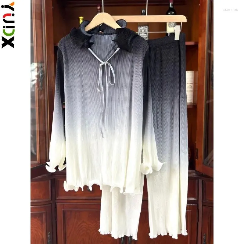 Calças de duas peças femininas YUDX Miyake plissado moda gradiente 2 rendas top roupas nove minutos conjunto 2024 verão