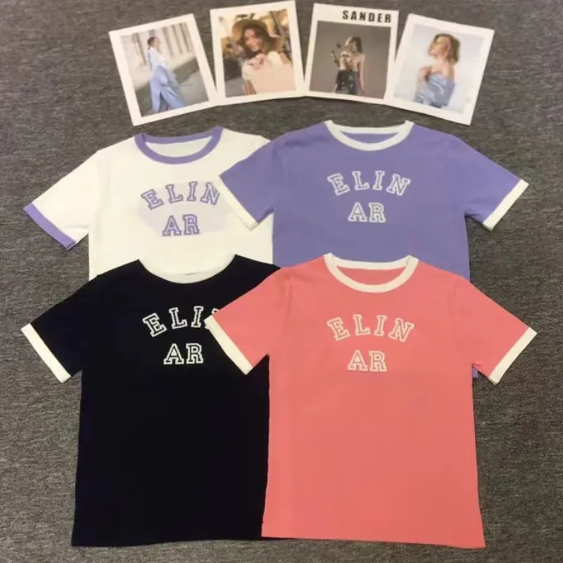 Printemps et été nouvelle lettre française imprimé tricots col rond femme tempérament décontracté match couleur T-shirt en soie glacée à manches courtes