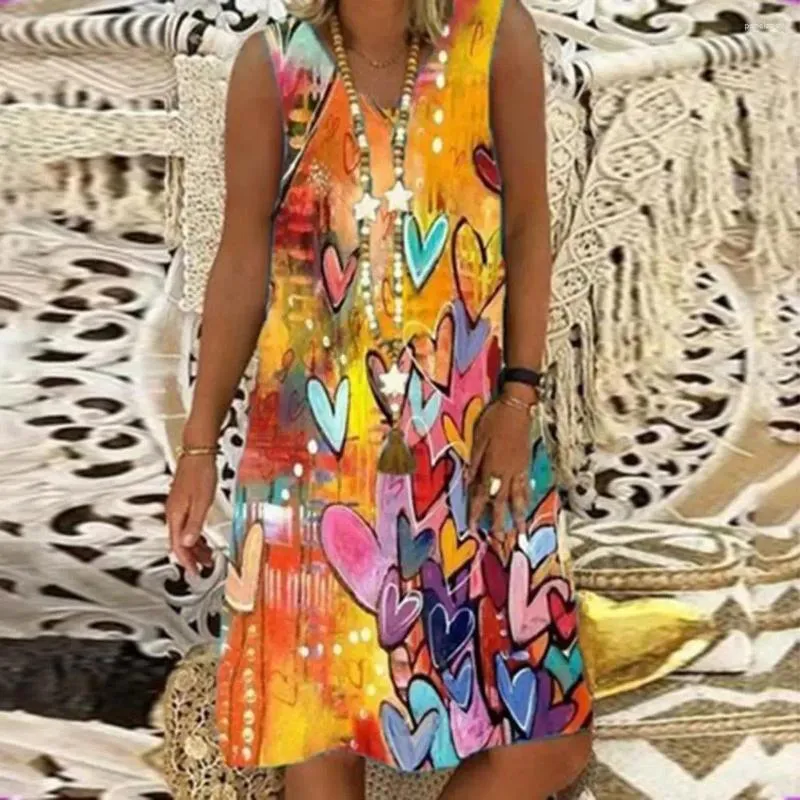 Casual Dresses Dress Vintage Digital Print Midi For Women Soft Breathable A-line Beach Sundress With V Neck Loose Hem Fabric Summer