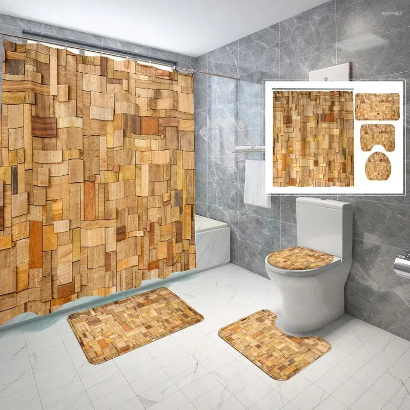 샤워 커튼 빈티지 나무 그레인 스타일 커튼 세트 비 슬립 매트 화장실 욕실 장식 방수 성격