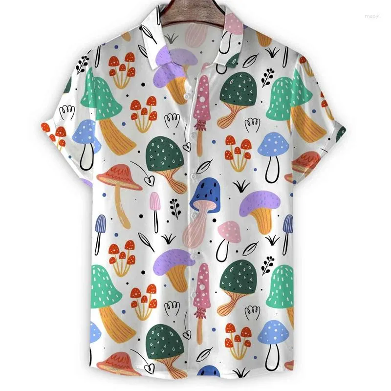 Мужские повседневные рубашки с мультяшной живописью, 3d принтом, рубашка с грибами, мужские летние гавайские пляжные рубашки большого размера, топы с короткими рукавами, блузка Aloha с лацканами