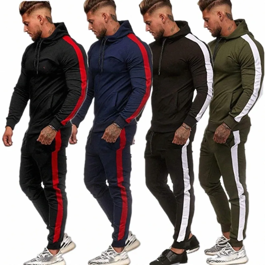 men Stripe Tracksuit Set Lg Sleeve Zipper Hooded Sweatshirt Elastic Drawstring Pants Sports Running Casual Athletic Clothes y9Q5#