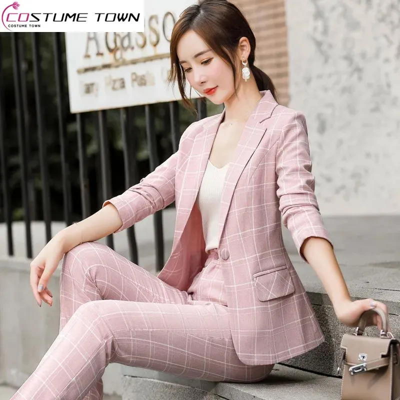 Plaid Splice Slim Fit Jacke Blazer Lässige Hose mit weitem Bein Zweiteiliger eleganter Damenanzug Sommer Büro Business Set Outfit 240327