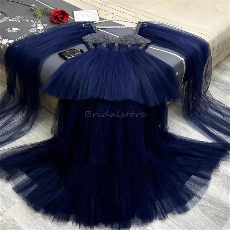 Navy Blue Saudi Arabic Discount Evening Gowns with Cape Sleeves, A-Line Tiered Tulle Maxi, Beaded Ankle Length Formal Dress for Prom, Birthday Party,