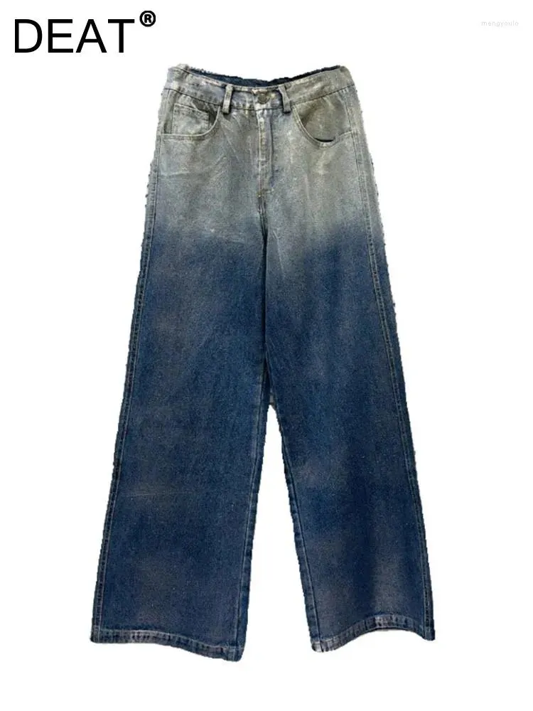 Damen-Jeans, Farbverlauf, blau, versilbert, beschichtetes Design, weites Bein, lockere Denim-Hosen, Sommermode 2024, 11XX8927