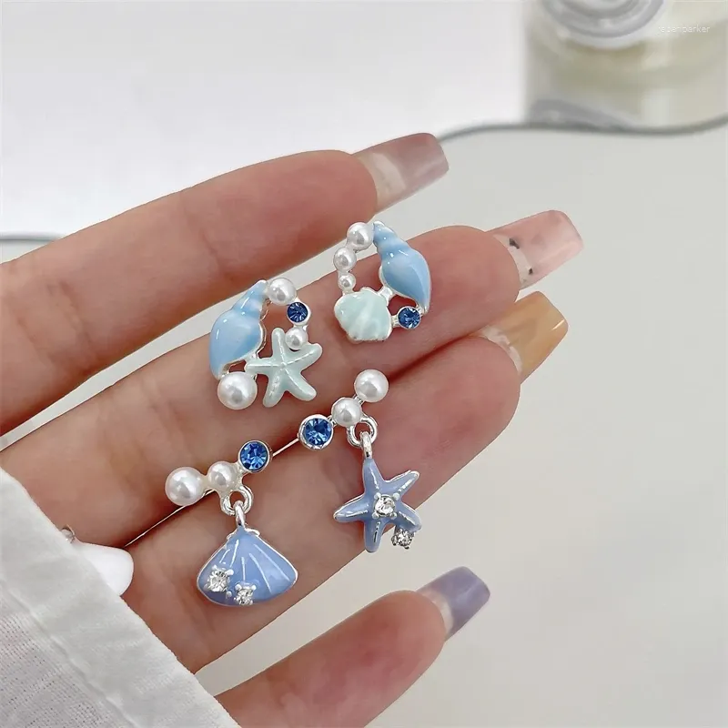 Boucles d'oreilles à clous en forme d'étoile de mer, coquille d'océan bleue, pour femmes, accessoires de bijoux asymétriques, Imitation de perles, strass, à la mode